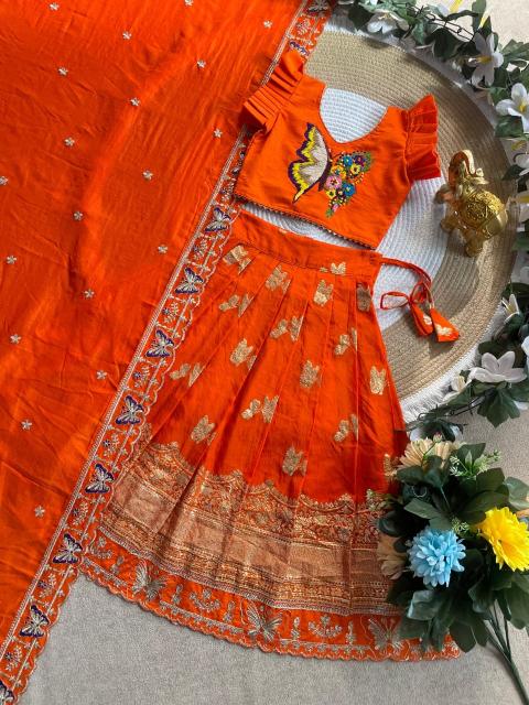 Butterfly Buff Lehengha-Choli Dupatta Vichitra Silk Orange Kids clothing wholesale market - wholesale export